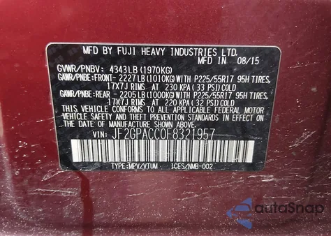 2015 Subaru Xv Crosstrek 2.0I Premium из США, поврежденный, VIN JF2GPACC0F8321957